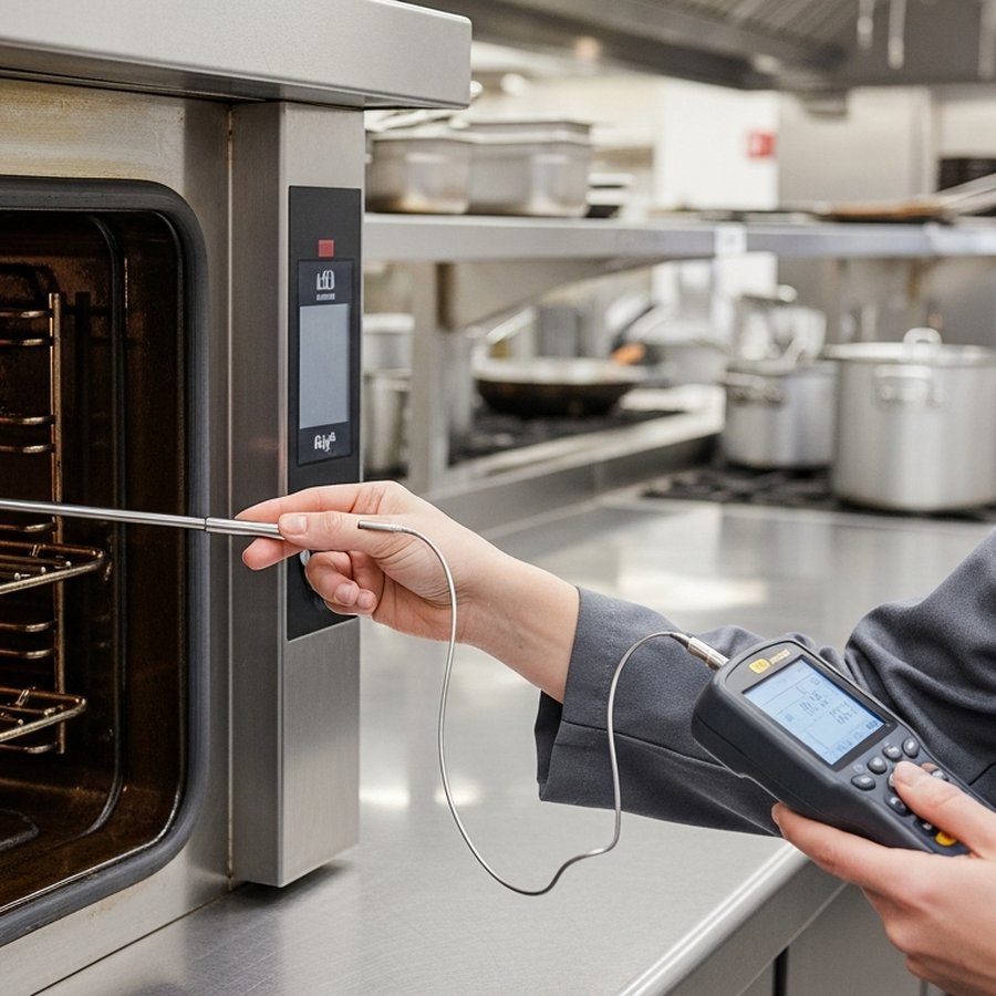 Технолог проверяет фактическую температуру камеры духовки отдельным термометром