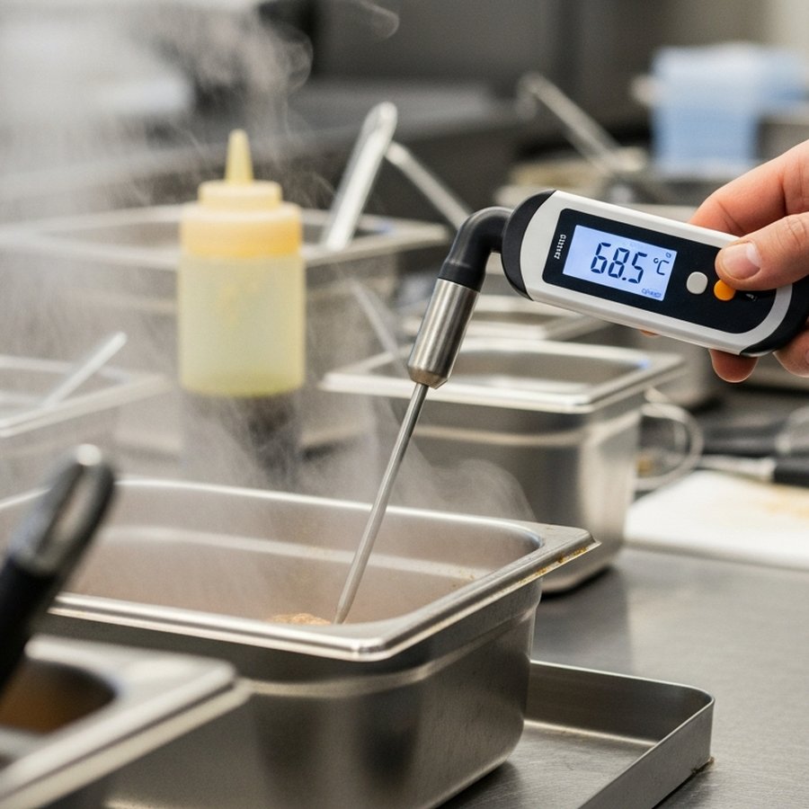 Повар измеряет температуру блюда термощупом