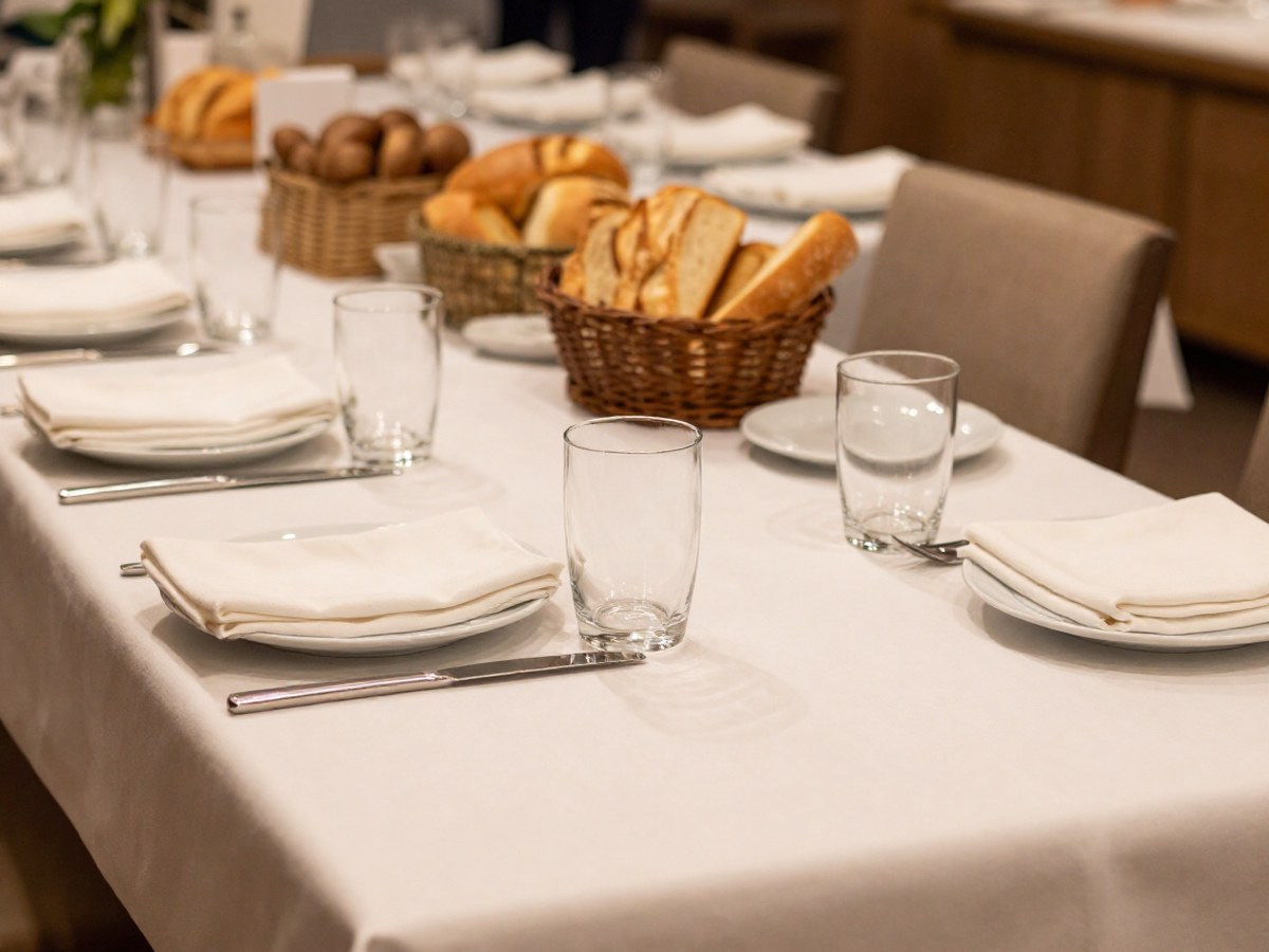 Виды хлеба для ресторана: классификация, особенности и подача: newly opened restaurant dining room, freshly set restaurant tables ready for service