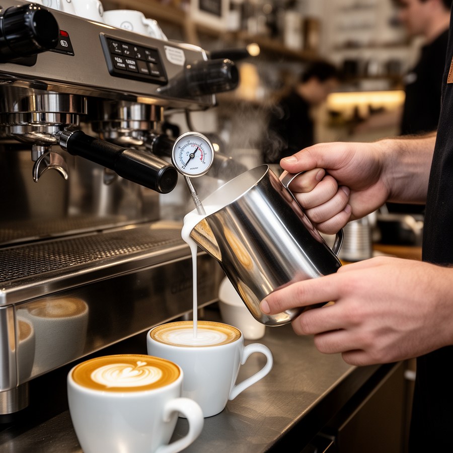 Взбивание молока для капучино в кофейне