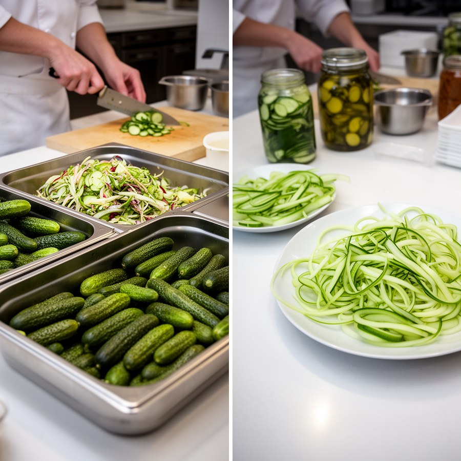 Подготовка огурцов для салата и маринования в заготовочном цехе