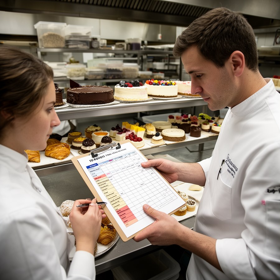 Шеф-кондитер и управляющий планируют ассортимент тортов