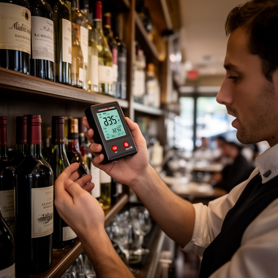 Бар-менеджер контролирует температуру и влажность в зоне хранения вина