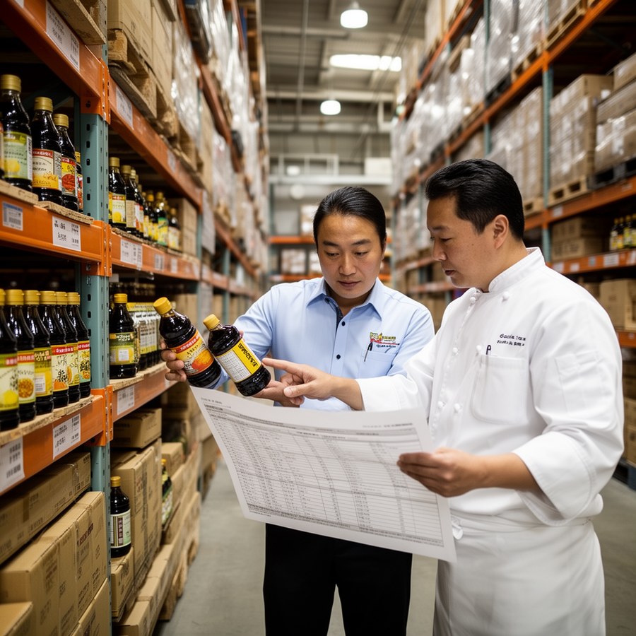 Закупщик и шеф проверяют партии соевого соуса