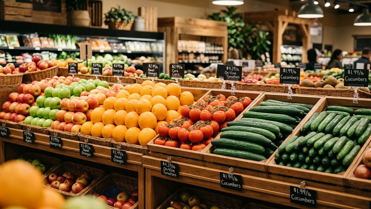 Полки продуктового магазина — ассортимент овощей и фруктов